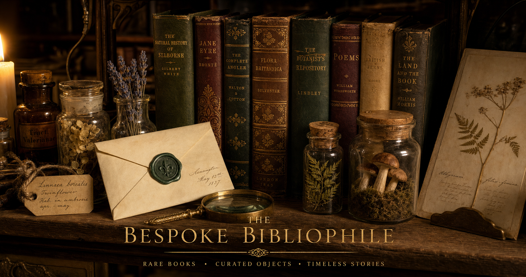 An old apothecary-style wooden cabinet with worn vintage paperback books arranged on shelves, sepia-toned lighting, and aged brass fixtures