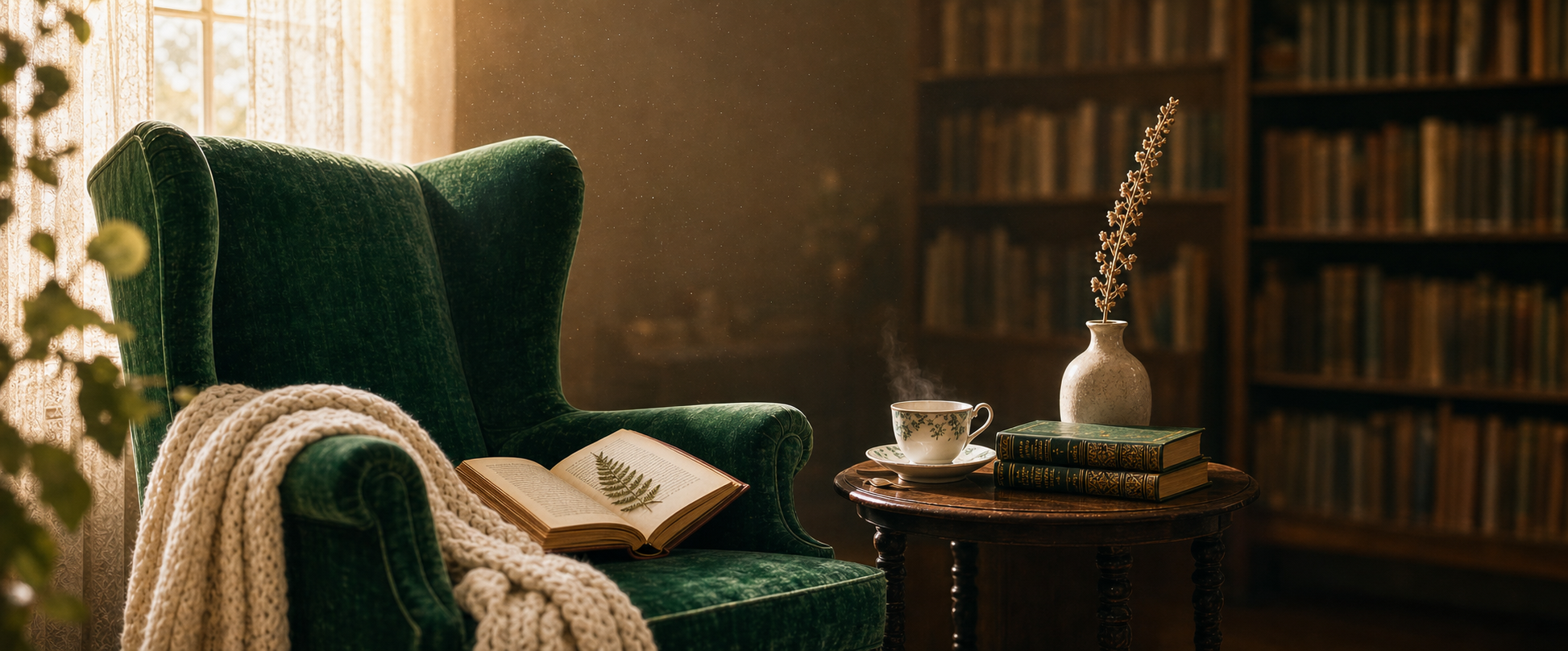 A clean editorial flat-lay of leatherbound reading journals, an open annotation notebook, a fountain pen, and pressed botanical leaves on an ivory linen surface