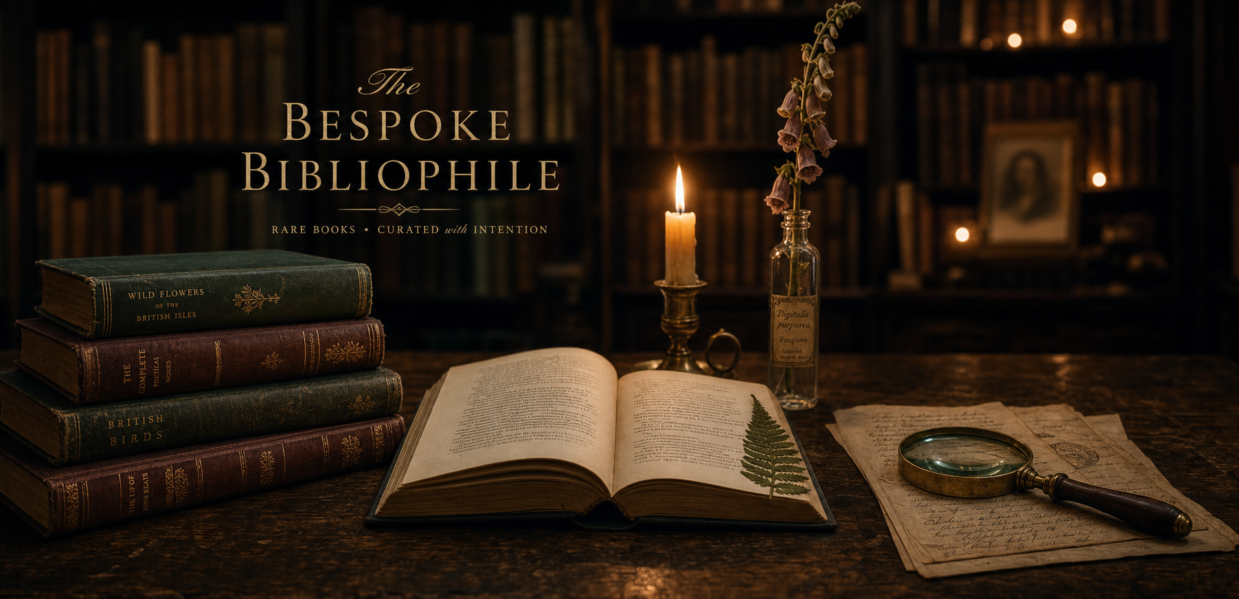 An antique library table with stacks of special edition books, brass reading lamp, and ivy climbing the dark wooden shelves behind