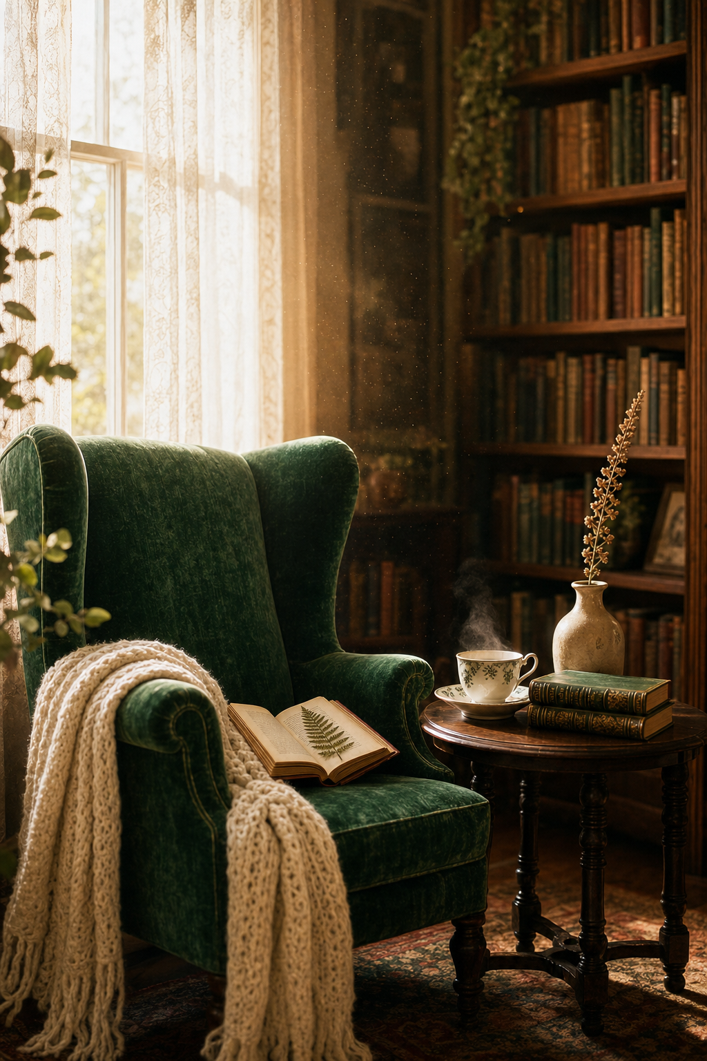 A curiosity cabinet display of bookish gifts: a soy candle, enamel pins, an embroidered bookmark, brass keys, dried flowers, and a small framed botanical print on a wooden surface