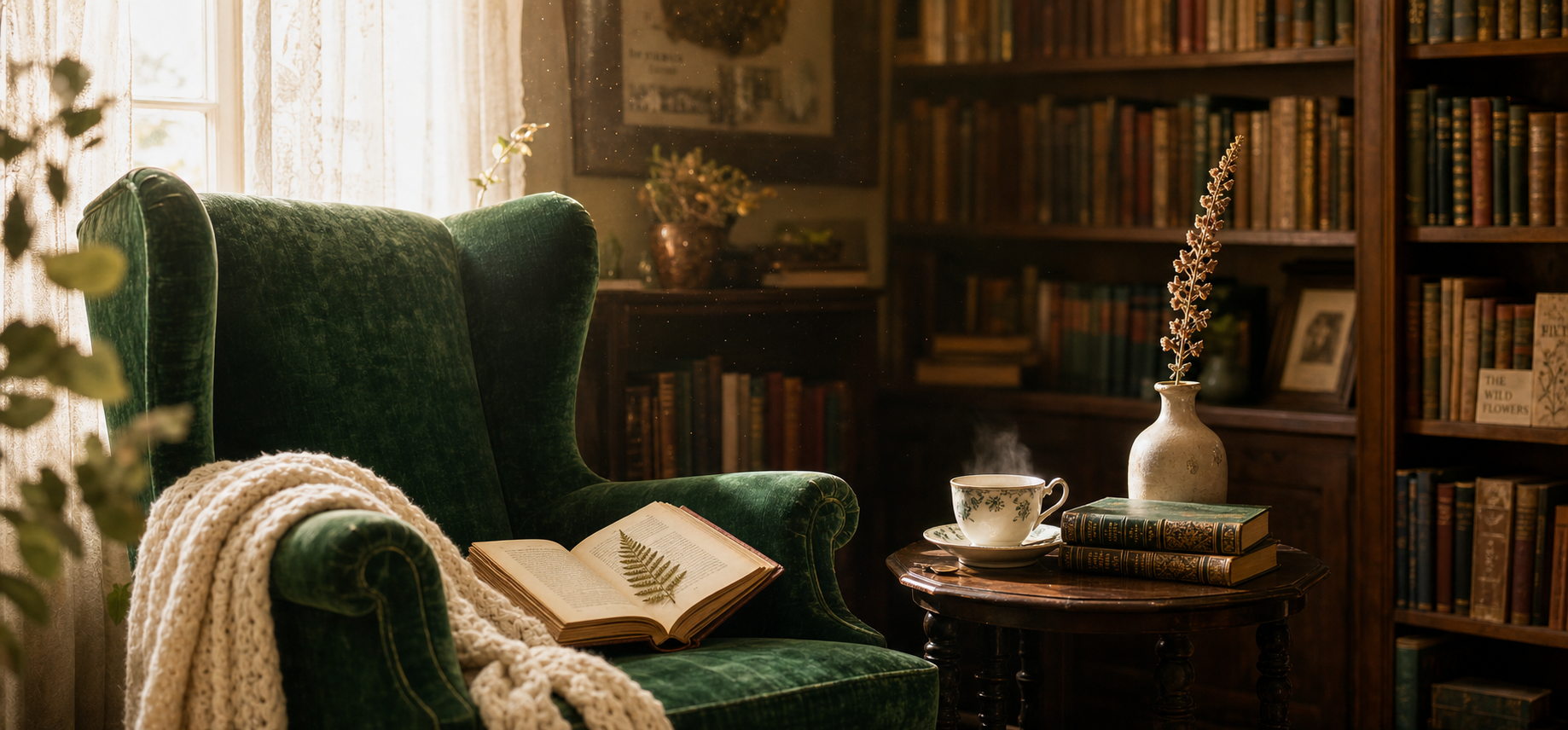 A warm reading nook with a velvet armchair, a stack of contemporary novels on a side table, and afternoon light filtering through curtains