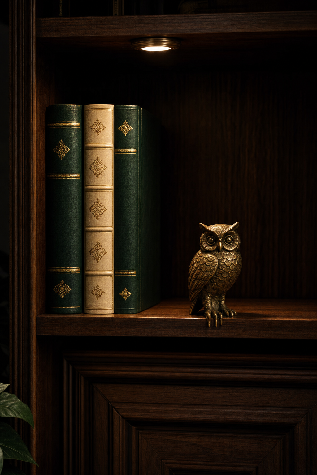 A small brass owl resting on a closed book